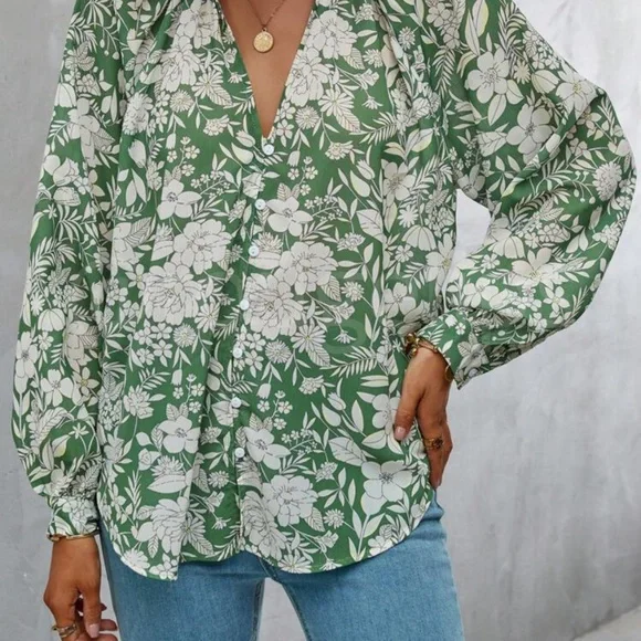 Floral Print Green White Button Down Shirt Bishop Long Sleeve - Picture 6 of 11